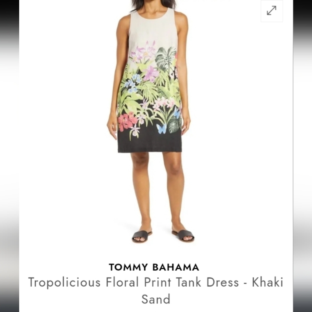 Tommy Bahama Tropolicious Floral Print Khaki Sand Black Linen Blend Dress XL